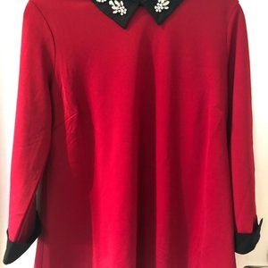 Cute Red Blouse with Rhinestoned Black Collar